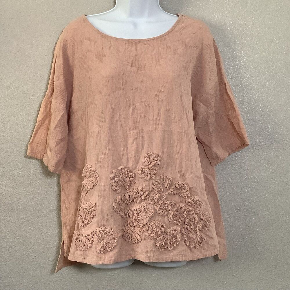 Gracila Pink Cotton Linen Blend Gauzy Lagenlook Oversized Bohemian Boho Top XL